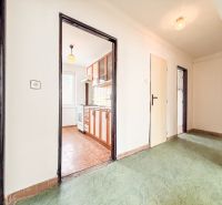 Hallway and kitchen with wood-patterned flooring in a 3-room apartment.