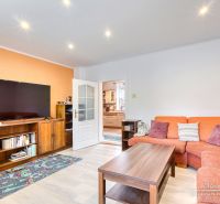Living room in a family house with an orange sofa and a wooden decor floor.