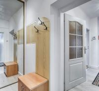 Hallway with a coat rack and mirror in a family house. Floor with wood decor.