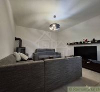 Living room of a family house with a fireplace, sofa, and television.