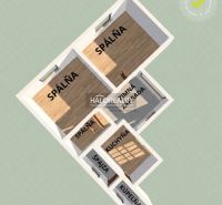 Floor plan of a family house with four bedrooms and a kitchen, floor with wood decor.