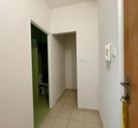 Entrance hallway with tiles, white walls, and an intercom in a studio apartment.