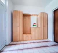 Hallway with a built-in wooden wardrobe and a plant, Family house.