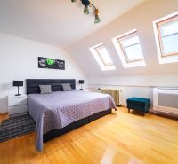 A bedroom in a family house with a wooden decor floor and skylights.