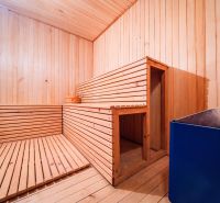 A wooden sauna in a family house with benches and a stove for heating.