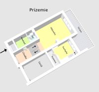 Floor plan of a family house in Rimavská Sobota with a garage, terrace, kitchen, and living room.