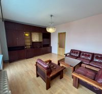 Living room with wooden paneling and leather furniture in a 3-room apartment with a wood-patterned floor.