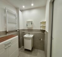 Bathroom in a 3-room apartment with a white cabinet, sink, and ladder radiator.