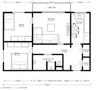 Floor plan of a 3-room apartment with a living room, kitchen, bathroom, and two bedrooms.