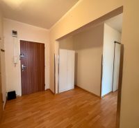 Entrance hallway in a 3-room apartment with wood-patterned flooring, a wardrobe, and a white cabinet.
