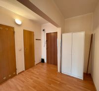 Entrance hall in a 3-room apartment with a wooden decor floor and a white wardrobe.