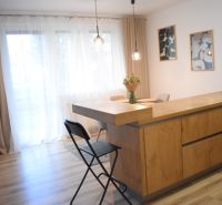 Living area in a 2-room apartment with wood-patterned flooring and large windows.
