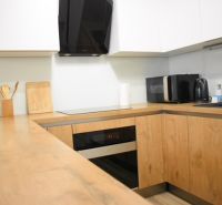 A kitchen in a 2-room apartment with a wood-patterned floor and dark appliances.