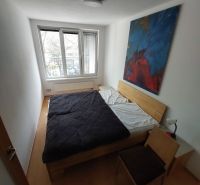 Bedroom in a 2-room apartment with a picture above the bed and a floor with a wooden decor.