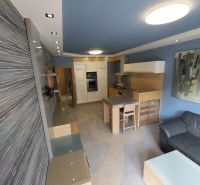 Living room with a kitchenette and a dining table in a 2-room apartment.