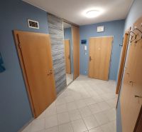 A blue hallway with tiles and wooden doors in a 2-room apartment.