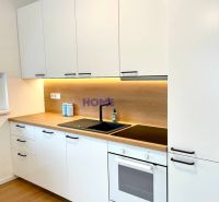 A kitchen unit with light cabinets and a wooden decor floor in a 3-room apartment.
