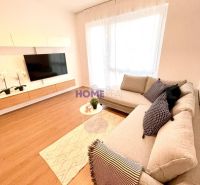 Living room of a three-room apartment with a comfortable sofa and TV, floor with wooden decor.