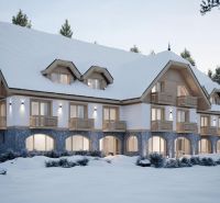 A snow-covered building in Hotels and Guesthouses in the High Tatras surrounded by trees.