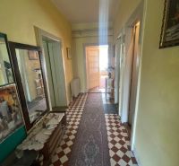 A hallway in a family house with tiles and a narrow carpet.