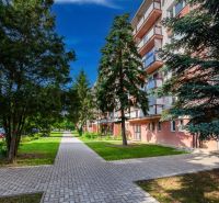 An apartment building surrounded by trees on Sládkovičova Street in Fiľakovo.