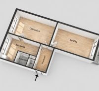 Layout of a 2-room apartment with wood-patterned flooring and a balcony.