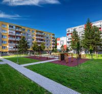 Playground and apartment buildings on Sládkovičova Street in Fiľakovo, surrounded by green areas.