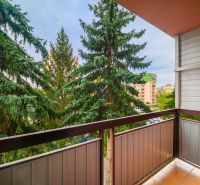 The balcony of a 2-room apartment on Sládkovičova Street in Fiľakovo with a view of greenery.