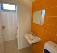 A restroom in commercial premises with orange tiles and a washbasin.