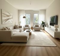 Bright living room, beige sofa, carpet, wooden decor, windows, plants, muted colors.