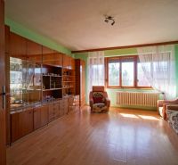 Living room in a family house with retro furniture and a wooden decor floor.