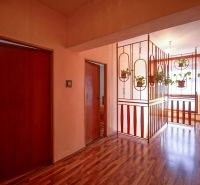 Hallway in a family house with a wooden decor floor and hanging flowers.