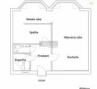 Floor plan of a 2-room apartment with a children's room, bedroom, living room, and kitchen.