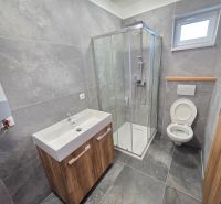 A bathroom in a family house with a modern shower and wooden decor cabinets.