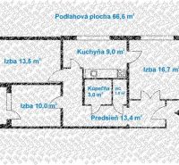 Floor plan of a 3-room apartment with a kitchen, bathroom, loggia, and hallway.