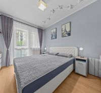 Bedroom with a bed, wooden decor flooring, and decorations in a 3-room apartment.