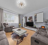 Living room in a 3-room apartment with a sofa and a wooden decor floor.