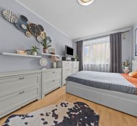 A bedroom in a 3-room apartment with a wooden decor floor and decorative elements.