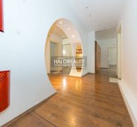 A hallway in a 5 or more room apartment with a wooden floor and an arched passageway.