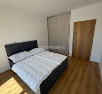Bedroom with a bed, sliding wardrobe, and floor with wooden decor in a 2-room apartment.
