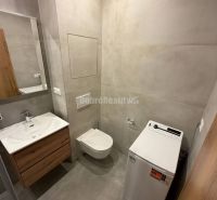 Bathroom in a 2-room apartment with a washing machine, wall-mounted toilet, and sink.