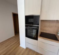 Kitchen area in a 2-room apartment with wood-patterned flooring and built-in appliances.
