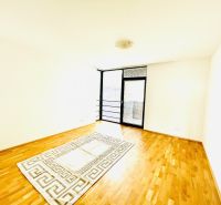A room with a wooden decor floor and a carpet in a 4-room apartment.