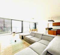 Living room in a 4-room apartment with a comfortable sofa and a kitchenette.