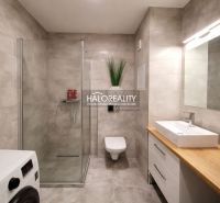 Bathroom with a shower in a 2-room apartment, floor with wood decor.
