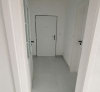 Hallway of a 2-room apartment with white doors and light flooring.