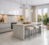 A kitchen in a 2-room apartment with a large island and high-gloss flooring.