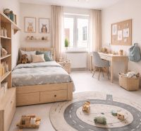 Children's room with wooden furniture, bed, and desk in a 2-room apartment.