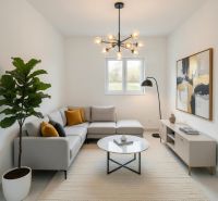 Living room in a 2-room apartment with a sofa, a lamp, and a houseplant.