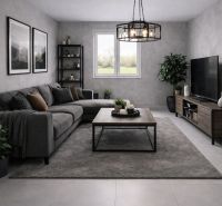 Living room in a two-room apartment with a comfortable sofa and a large coffee table.